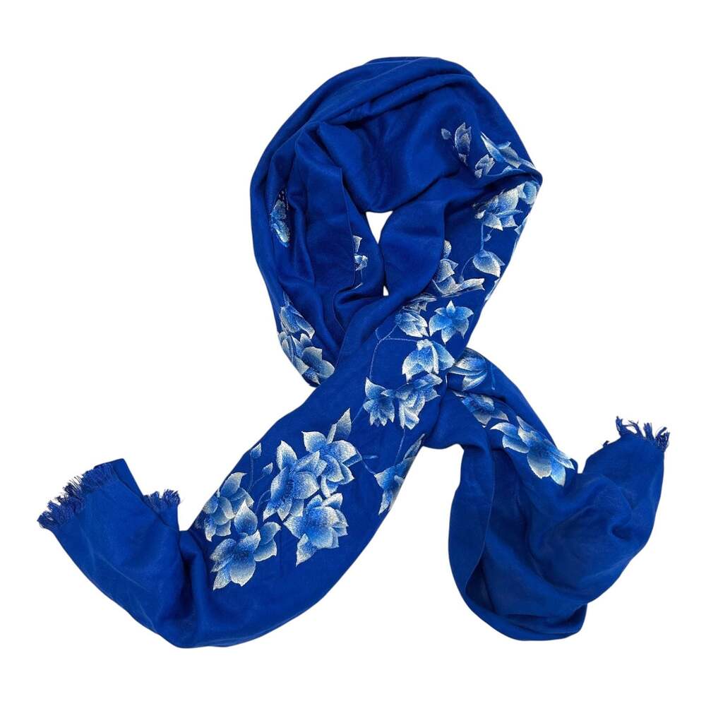 100% Mulberry Silk Scarf Royal Blue Hand Embroidered Floral Chinese Xiang Xiu